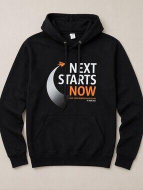 Jerzees Black Hoodie with Orange & Silver 'Next Starts Now' Graphic
